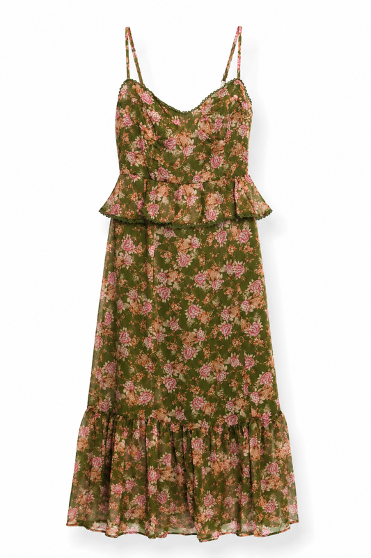 Vestido midi floral verde olivo