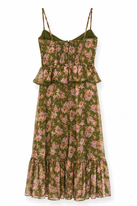 Vestido midi floral verde olivo